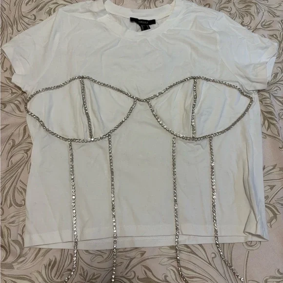NWT Forever 21 White T-Shirt with Rhinestone Bustier Detail (Size XL) - Picture 1 of 5